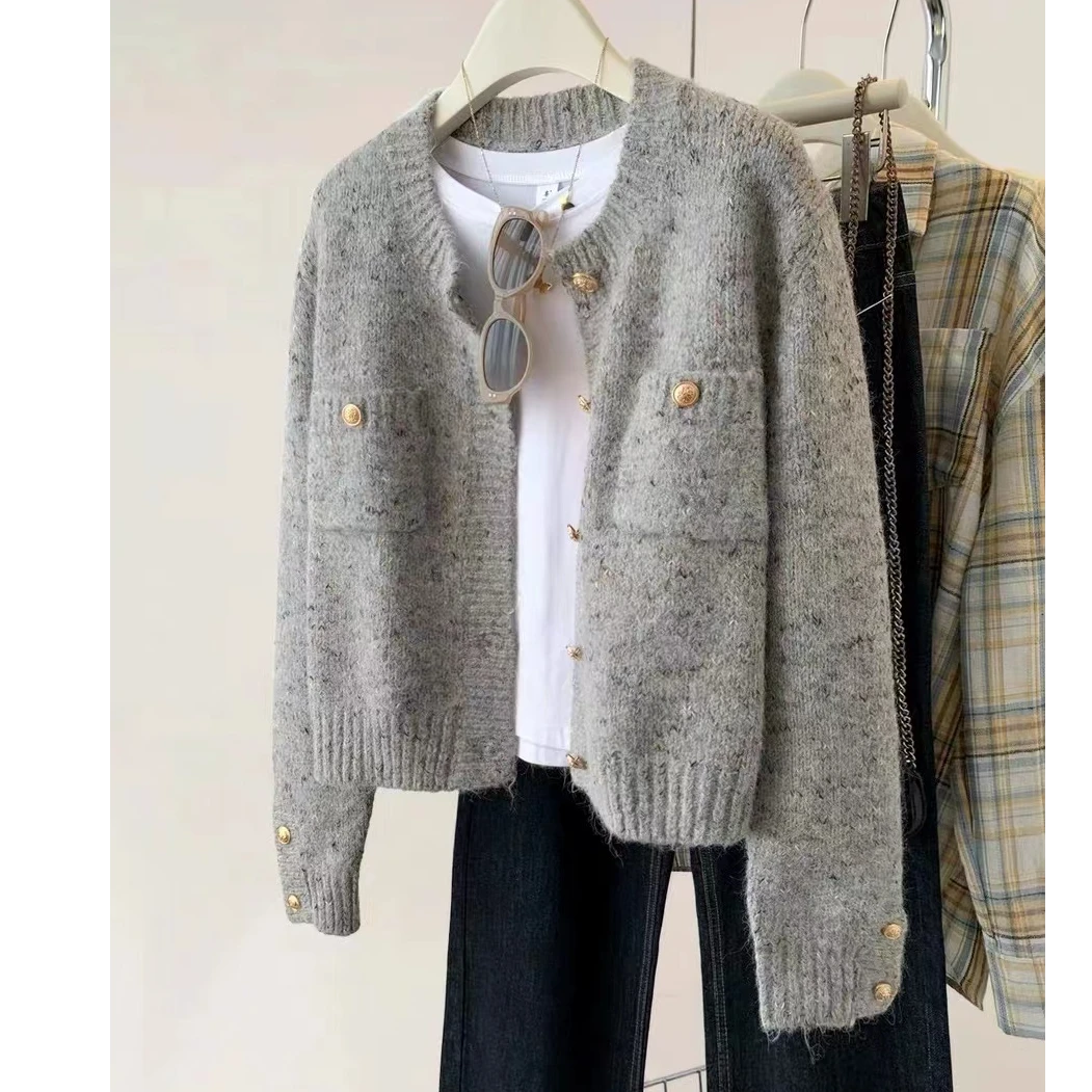 【花纱小香风】灰色针织开衫女秋季慵懒短外搭毛衣外套上衣秋冬女