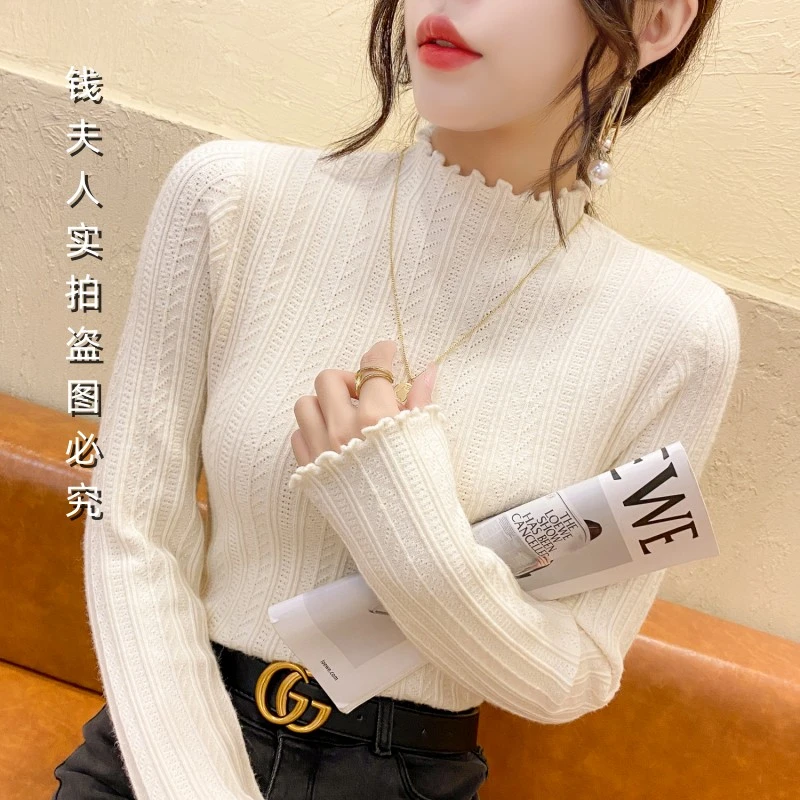 【木耳花边】加厚针织衫半高领打底衫女秋冬内搭白色打底毛衣女新款