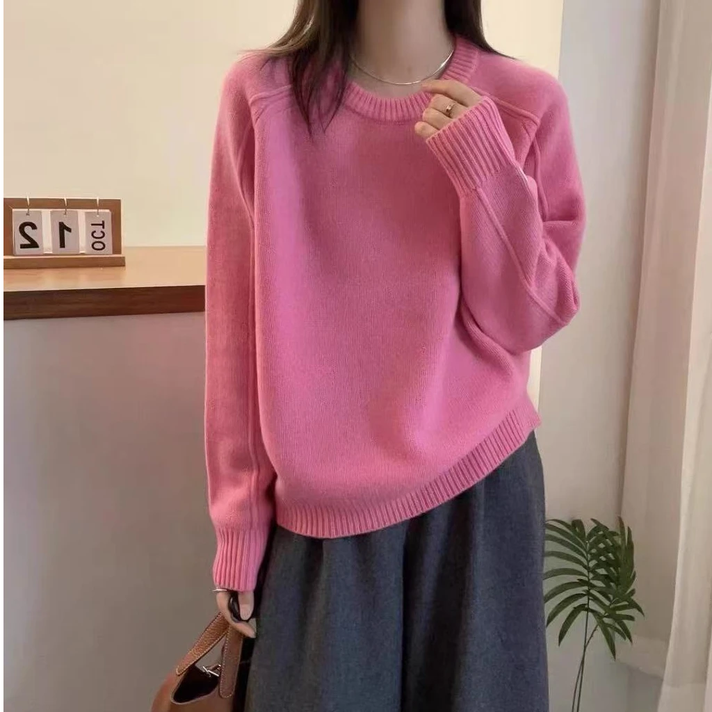 【鱼骨线树莓色】气质显瘦慵懒风宽松秋冬长袖打底毛衣针织衫上衣女