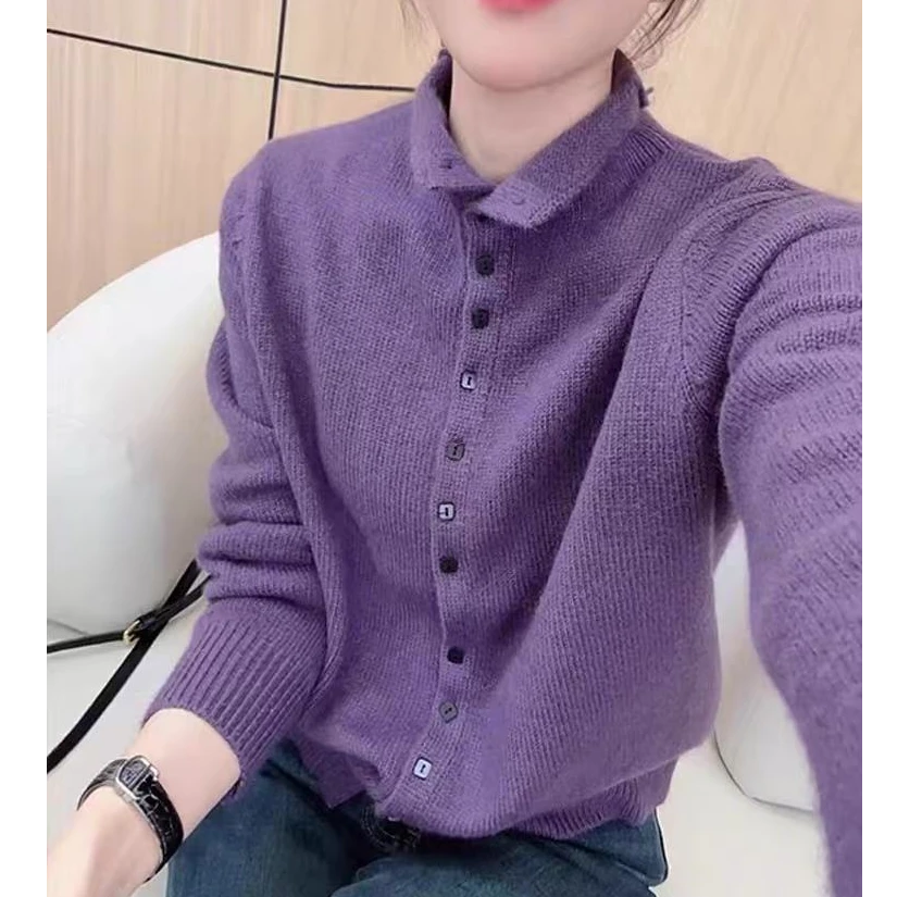 【方扣紫色】半高领开衫毛衣女新款爆款秋冬季漂亮内搭针织衫上衣