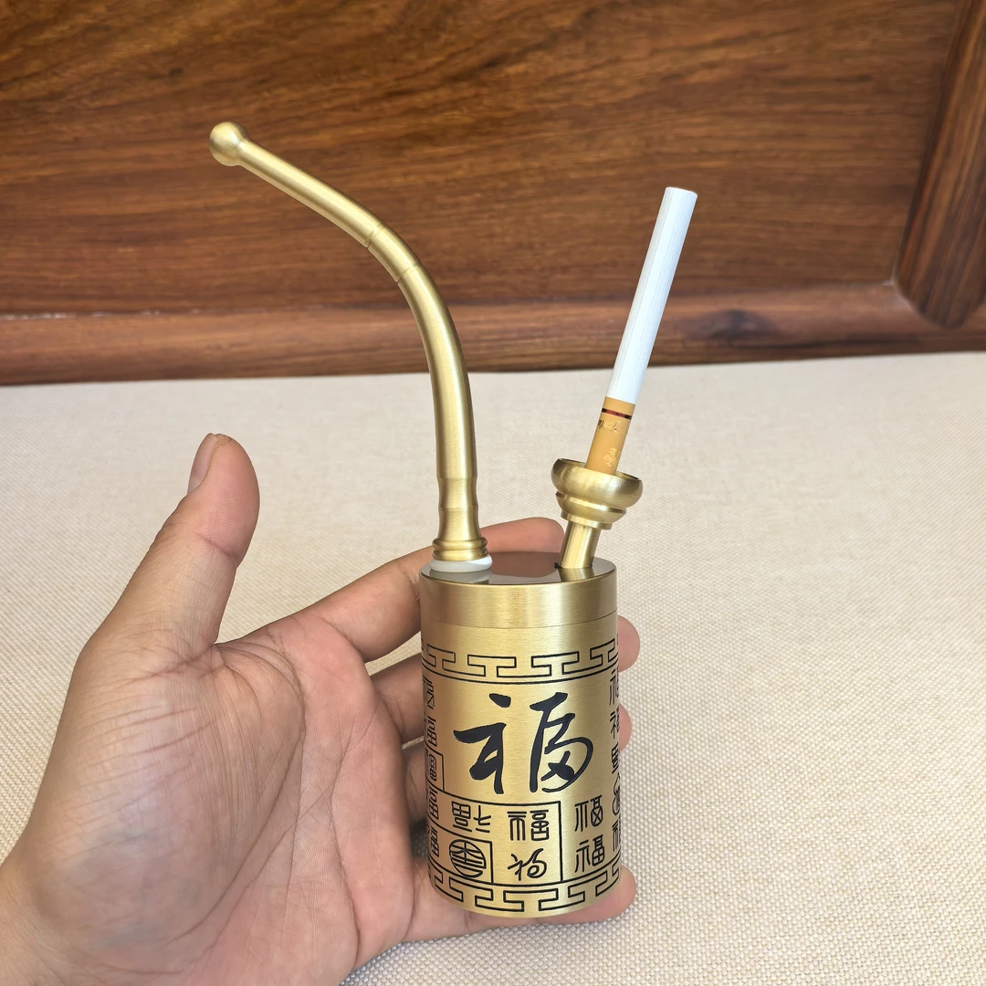 黄铜水烟斗大号葫芦款节日礼物男士烟具纯铜雕刻烟杆可拆细两用