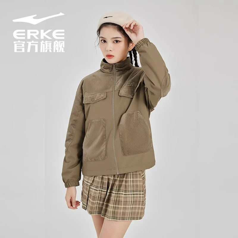 鸿星尔克加绒外套女春季女士复古灯芯绒加厚保暖风衣运动夹克上衣
