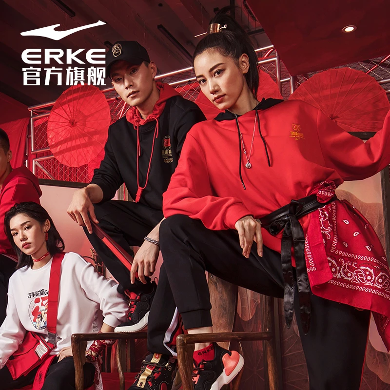 鸿福齐添丨鸿星尔克春季男女情侣款运动休闲连帽新年款红卫衣帽衫
