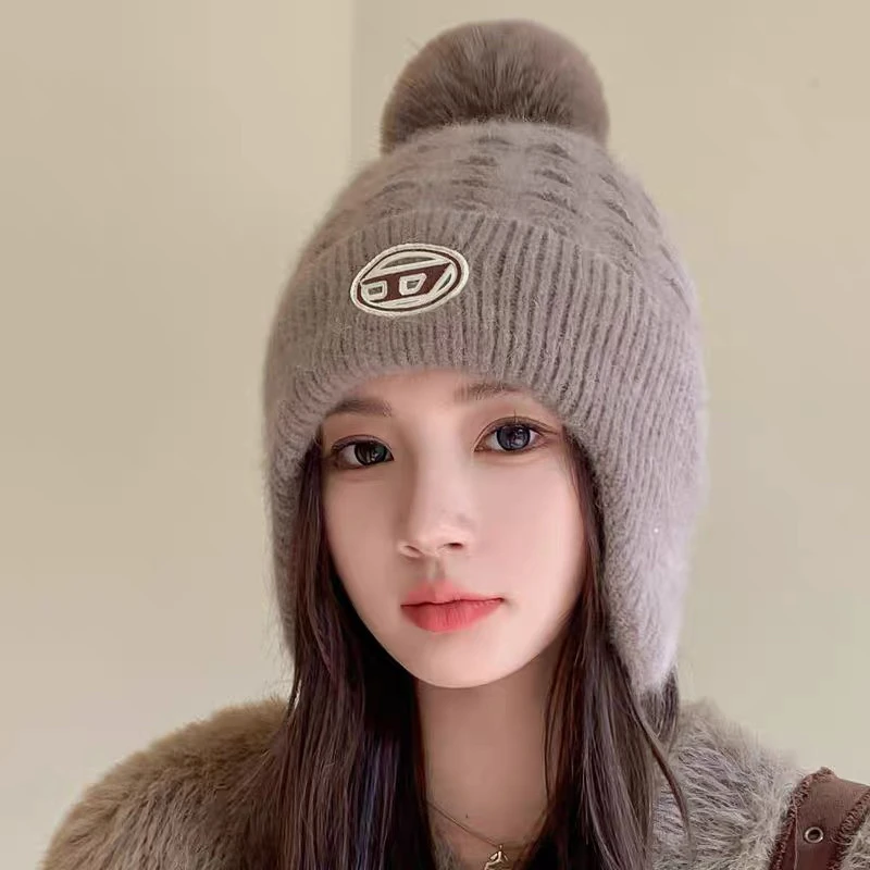 帽子女冬季毛线帽大头围显脸小冬天骑车保暖防寒针织帽套头护耳帽