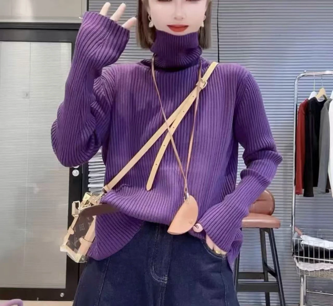 王大美时尚洋气百搭显瘦简约糖果色堆堆领长袖毛衣