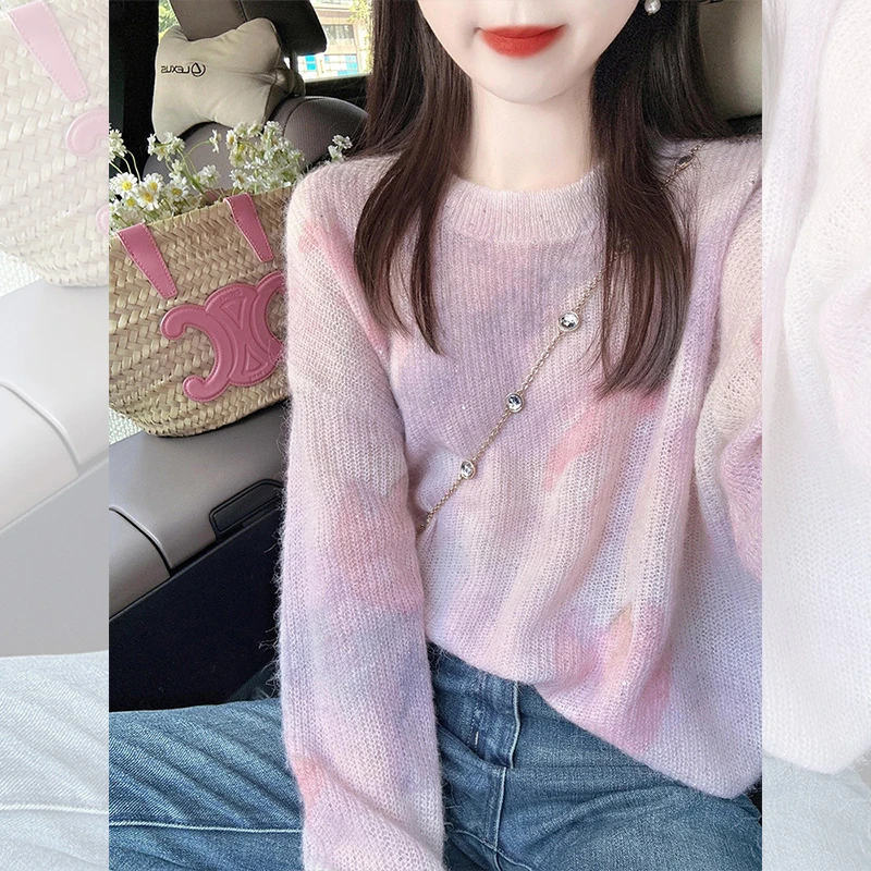 秋季法式温柔风渐变色圆领毛衣女外搭慵懒宽松显瘦外搭针织衫上衣