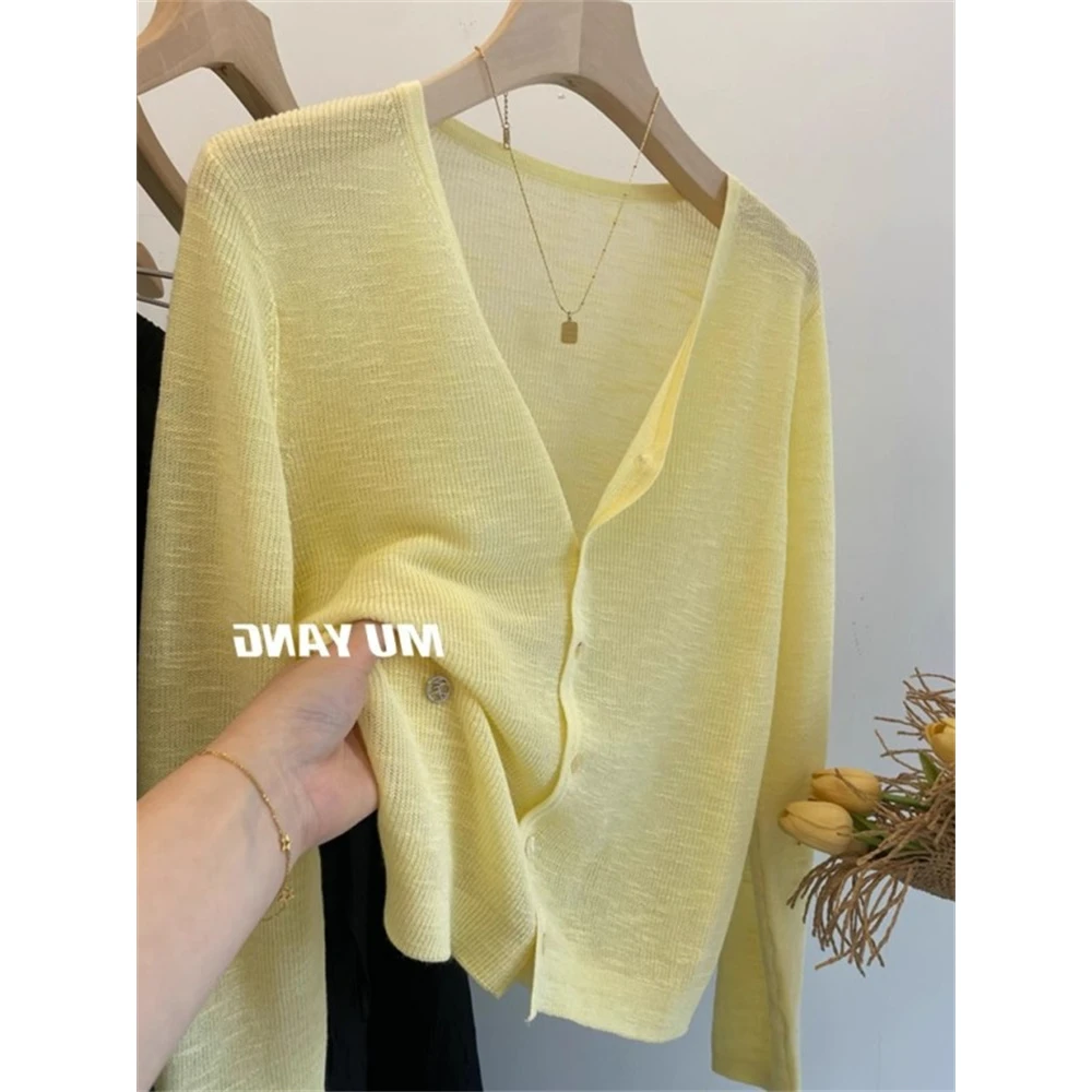 黄色v领冰丝防晒开衫薄款针织外套女外搭宽松显瘦披肩罩衫上衣夏