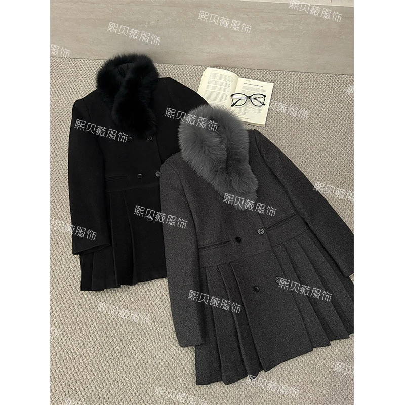 熙贝薇6 【格雷miu～】千金带毛领连衣裙小香风毛呢外套羽绒服 D8796