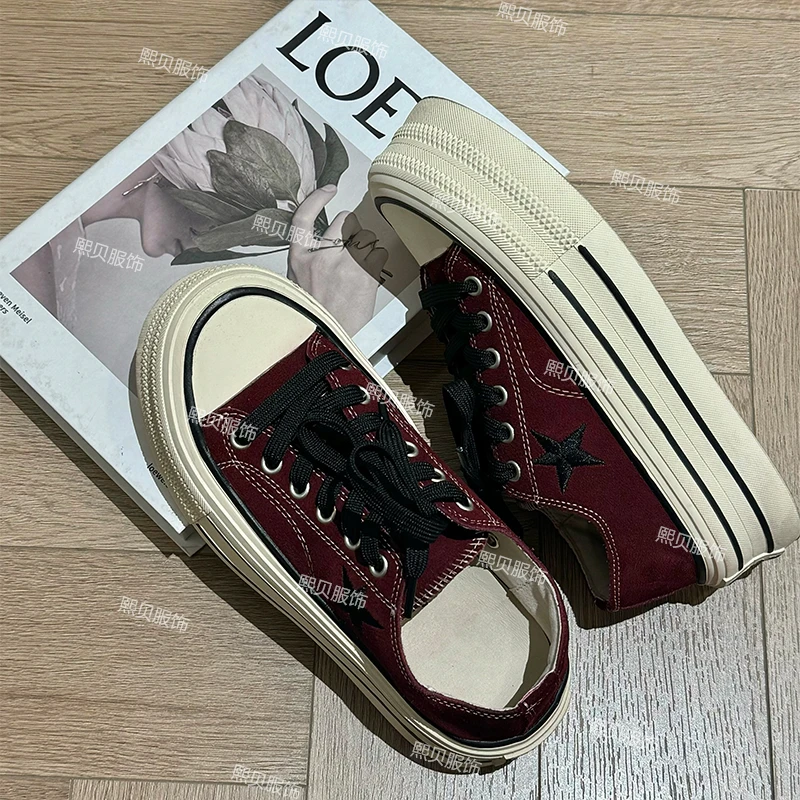 熙贝6 磨砂皮厚底系带帆布鞋复古五角星刺绣舒适单鞋星星鞋 D8116