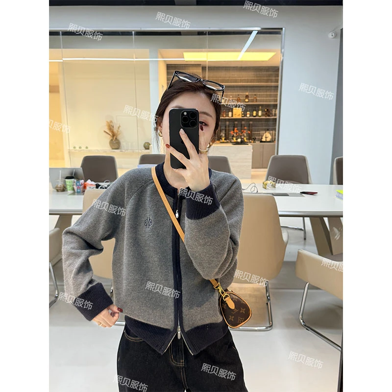 熙贝6 复古撞色设计感小众拼接长袖针织百搭开衫外套 D8538