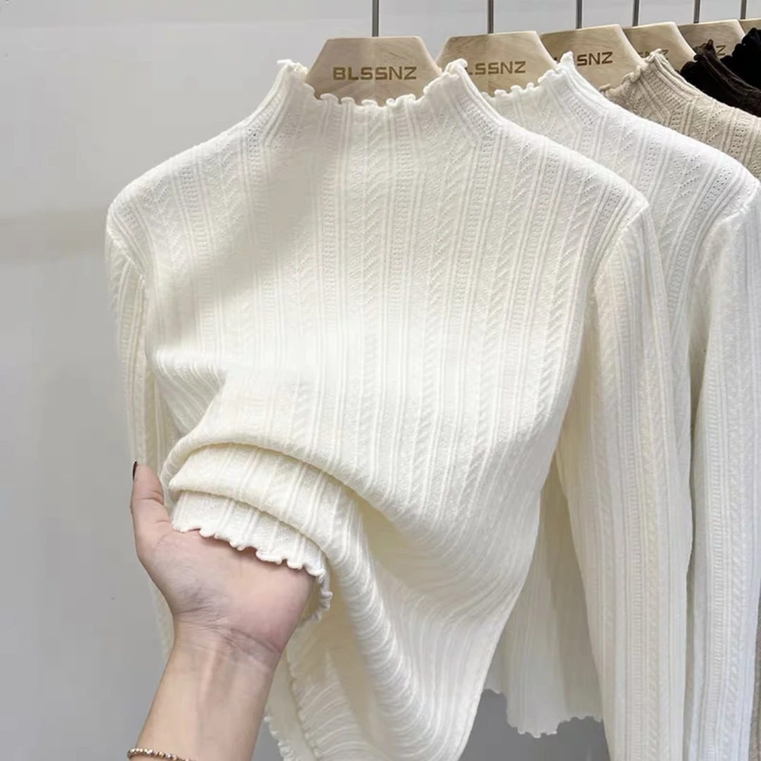木耳边针织衫半高领时尚打底衫女秋冬内搭白色打底毛衣女新款上衣