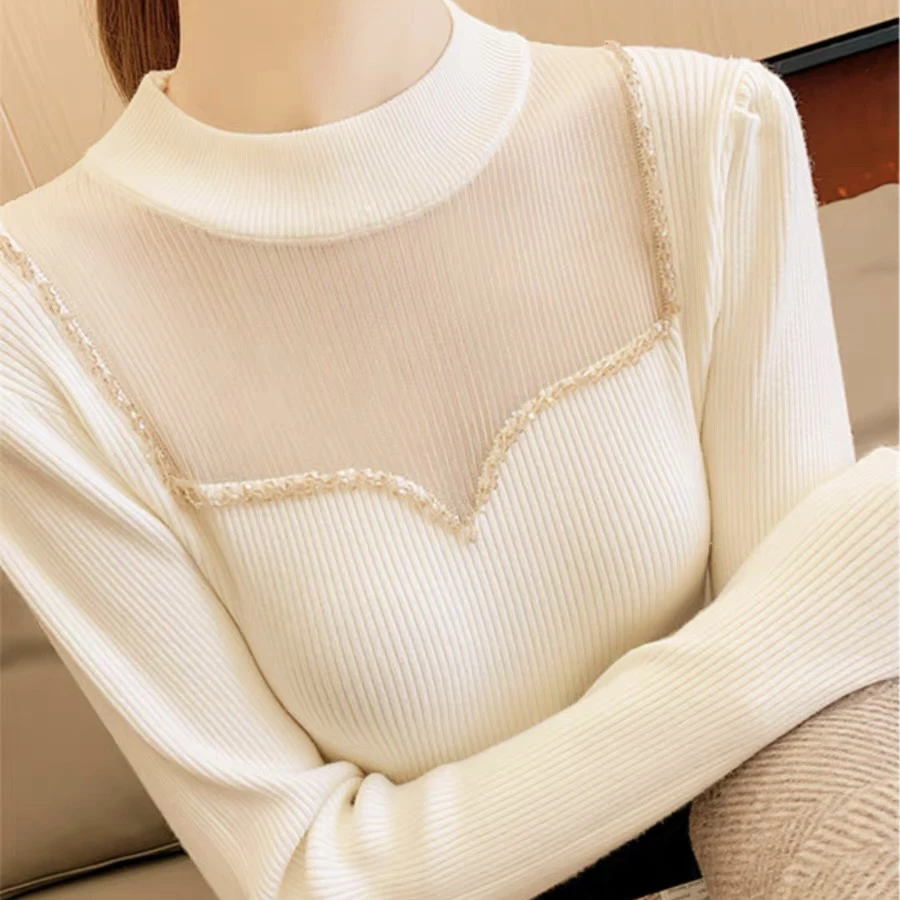 【现货】高品质半高领毛衣女新款手工穿珠秋冬蕾丝长袖百搭时尚上衣