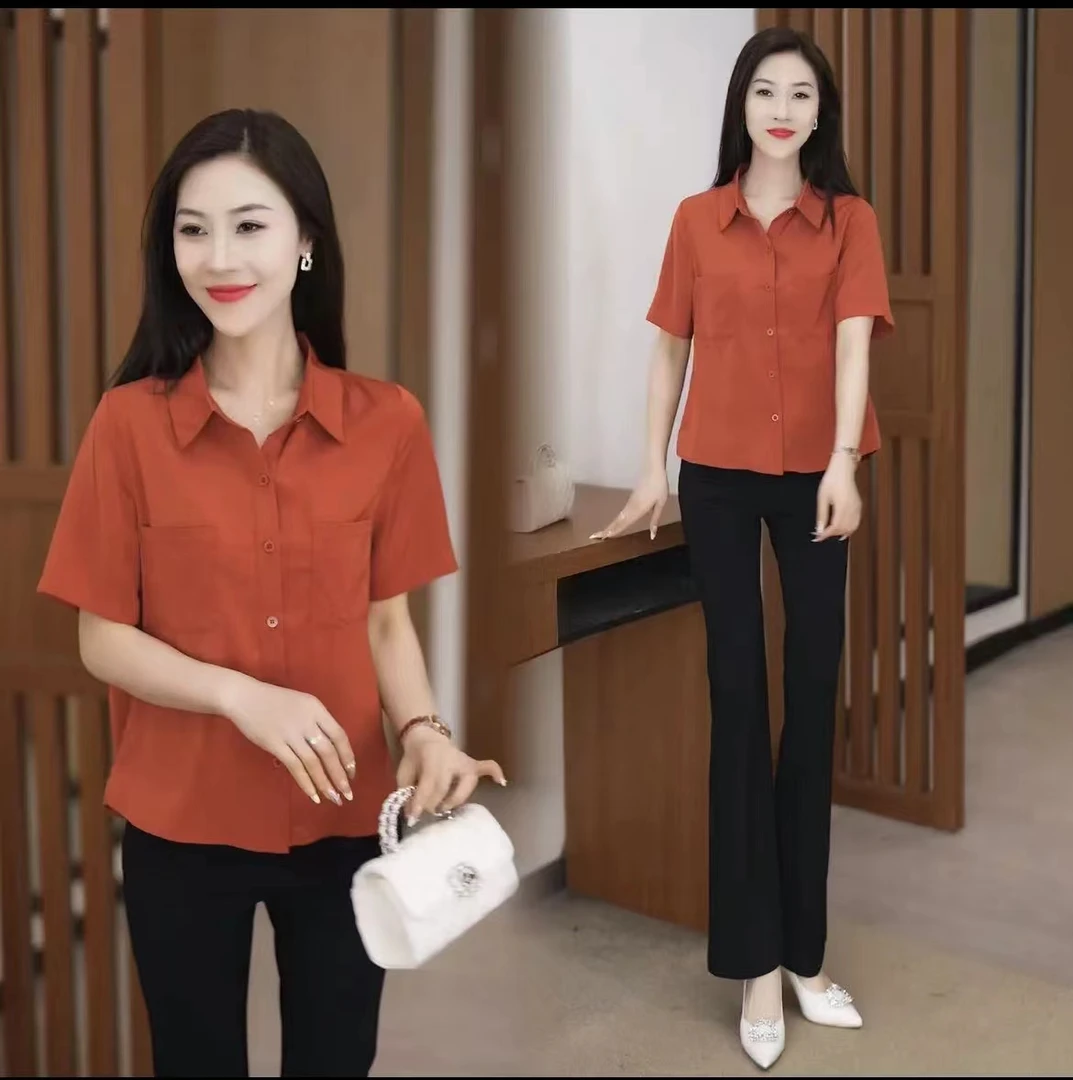 2025春季新款短袖上衣时尚短款气质小个子洋气衬衫衬衣妈妈装女装
