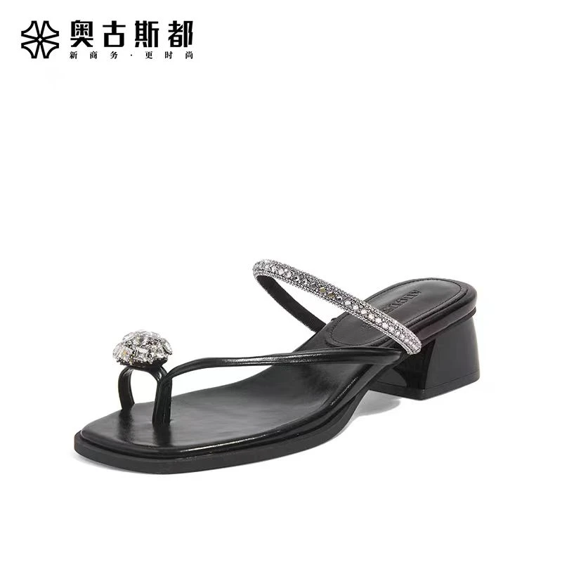 AUGUSTUS/奥古斯都夏季新款仙女风粗跟沙滩一字拖外穿夹趾凉鞋