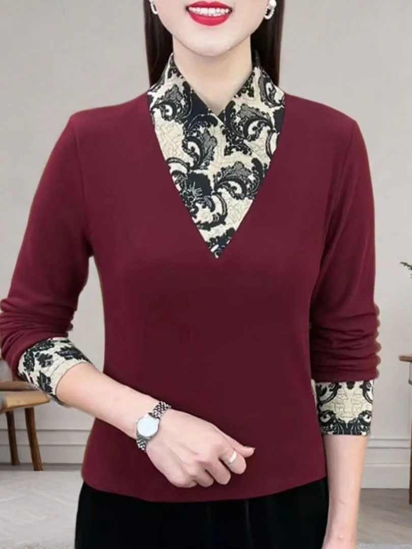 秋冬季保暖新款安可拉红拼接假两件外穿长袖T恤女士上衣打底衫女