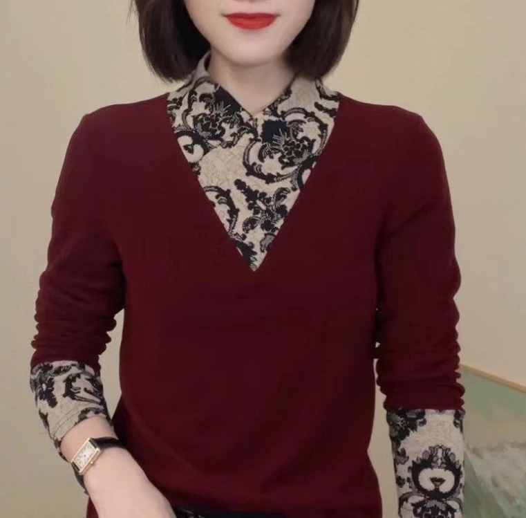 秋冬季保暖新款安可拉红拼接假两件外穿长袖T恤女士上衣打底衫女