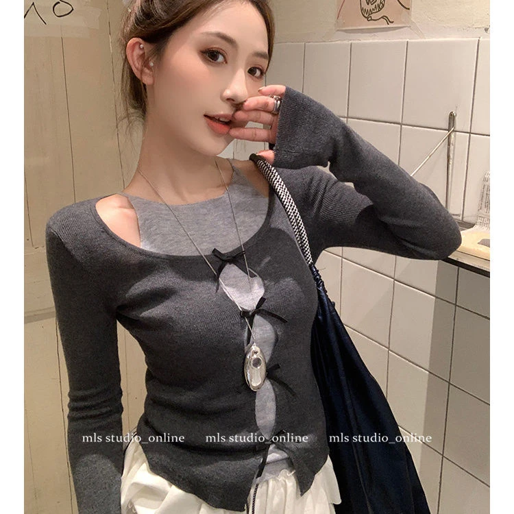 小众设计感假两件蝴蝶结针织打底衫