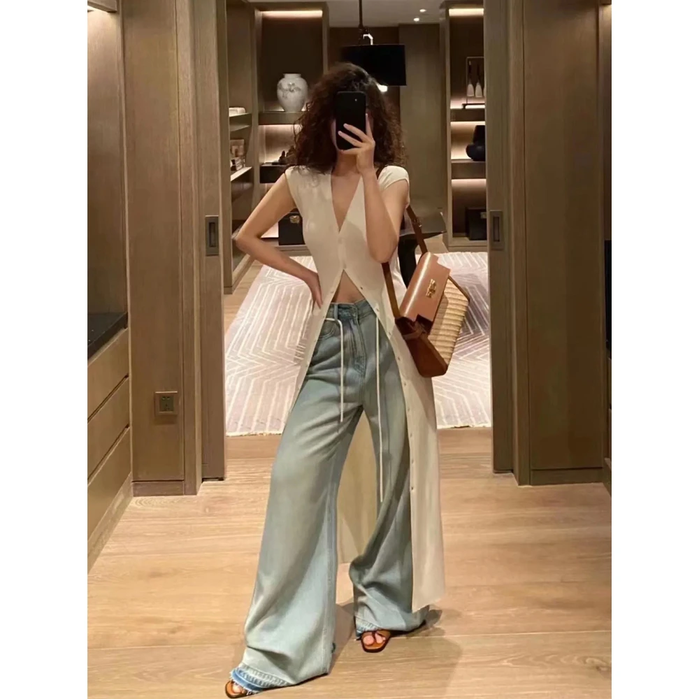 高级感V领冰丝针织开衫女夏季长款修身显瘦外套薄款