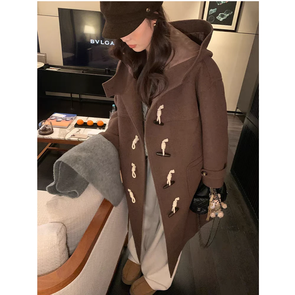 【现货秒发-NAZ微胖定制】韩系学院风连帽牛角扣长款毛呢外套