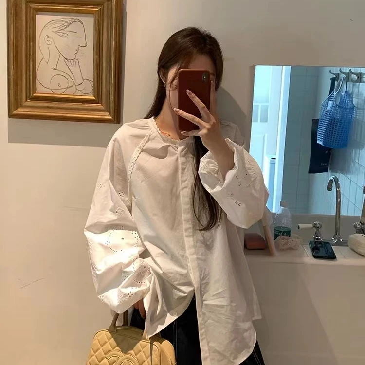 【反季现货-NAZ瑶瑶高端定制】法式灯笼袖别致圆领衬衫
