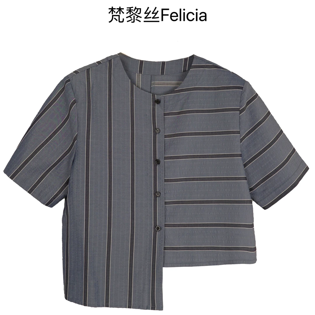 梵黎丝Felicia[设计师]高级气质时尚不规则条纹圆领衬衫FLS201896