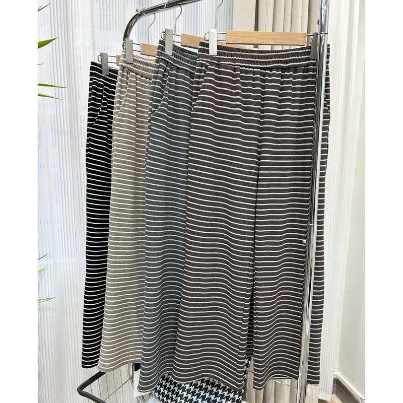 【北欧休闲】糯米薄绒云朵条纹裤手感直筒裤窄版阔腿裤遮胯宽显腿长