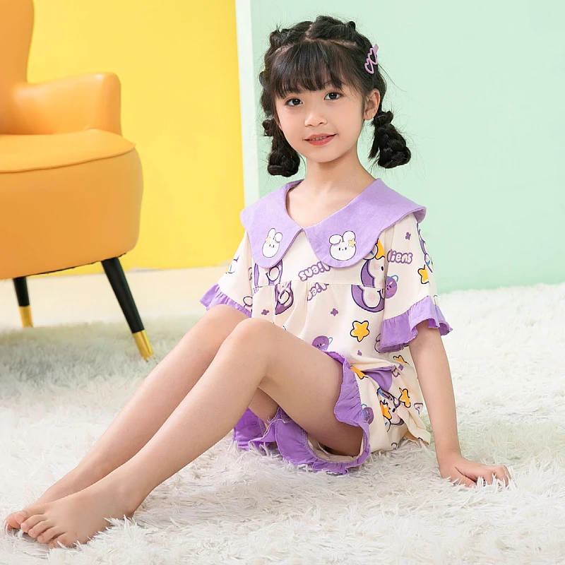 儿童夏季纯棉短袖薄款睡衣女童中大童小女孩卡通公主风家居服套装