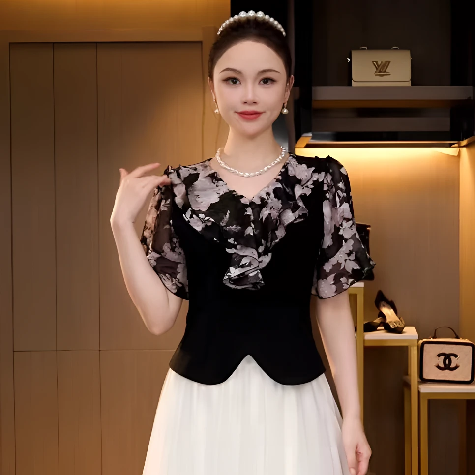 L4X1613 法式复古重工碎花暗纹刺绣荷叶领设计时尚修身显瘦上衣