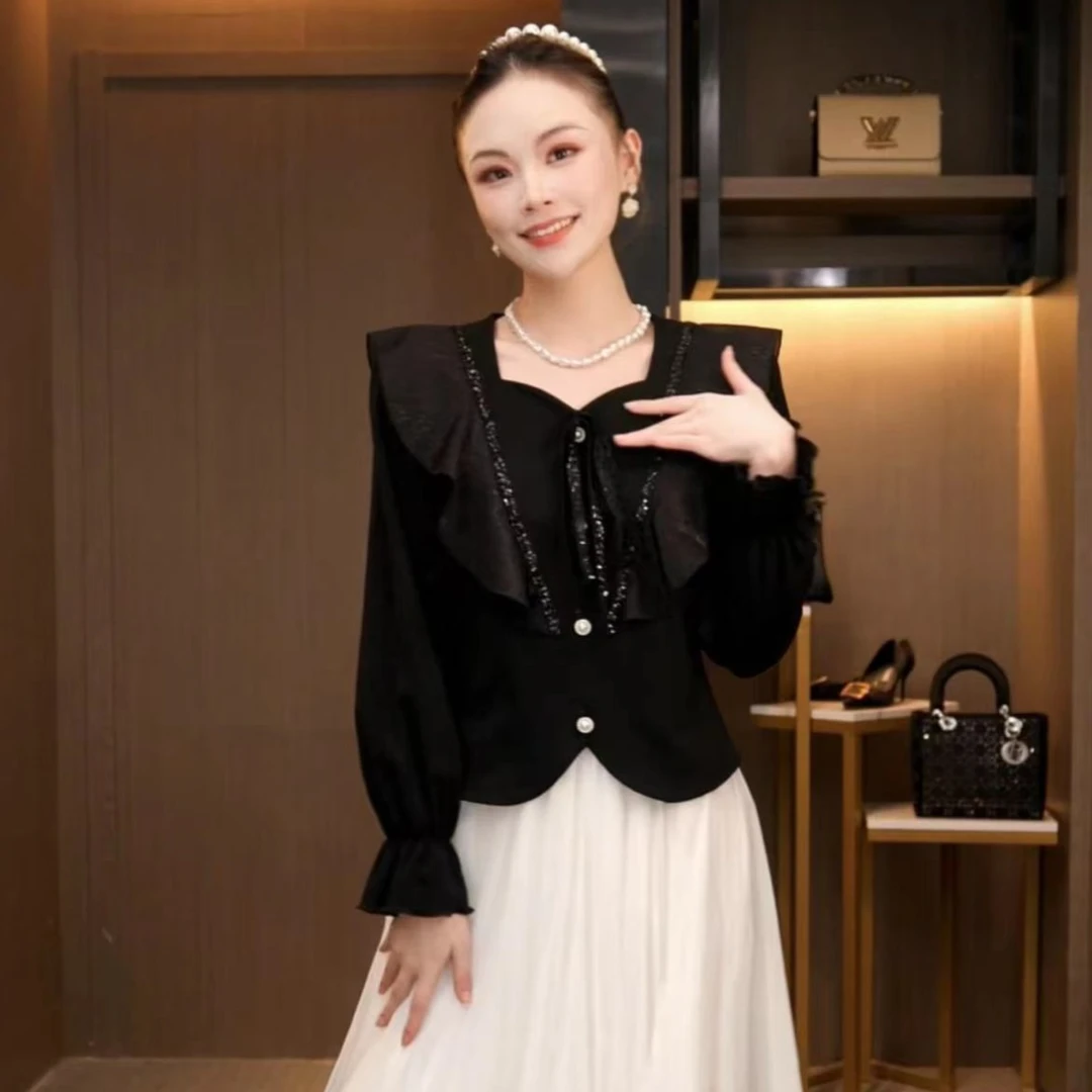 L3D1119 秋冬法式复古重工绑带亮片荷叶边百搭显瘦气质丝绒上衣
