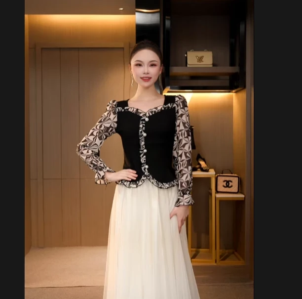 L4C0893 秋冬法式复古棉质拼接雪纺气质修身显瘦长袖上衣百搭