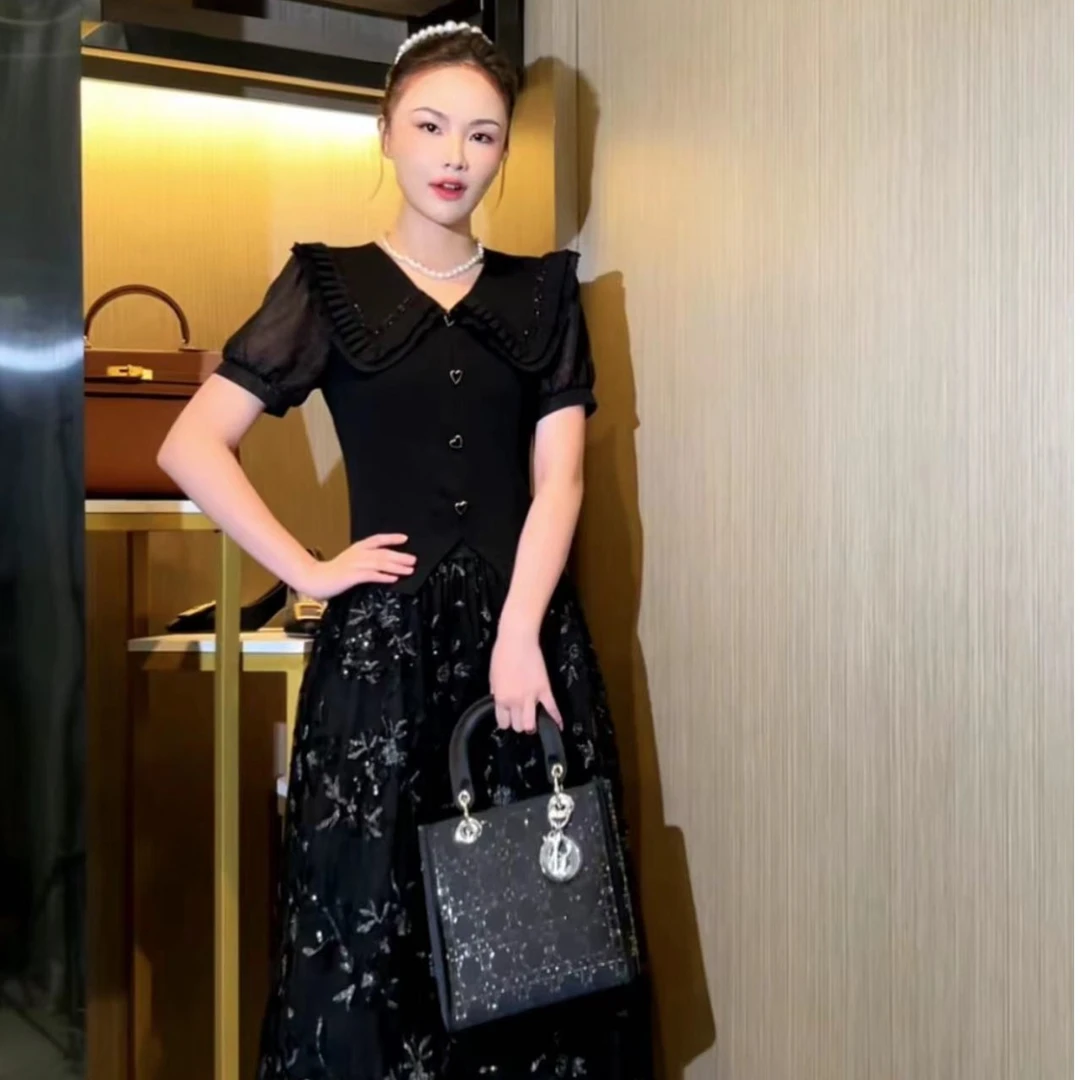 T3X0485 夏季荷叶领钉亮片拼接雪纺纱显瘦气质修身时尚小香风上衣