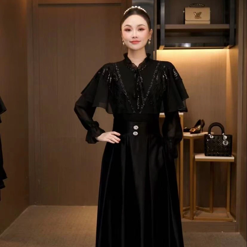 L3D1059 冬季法式复古重工雪纺斗篷披肩网纱时尚显瘦气质丝绒上衣