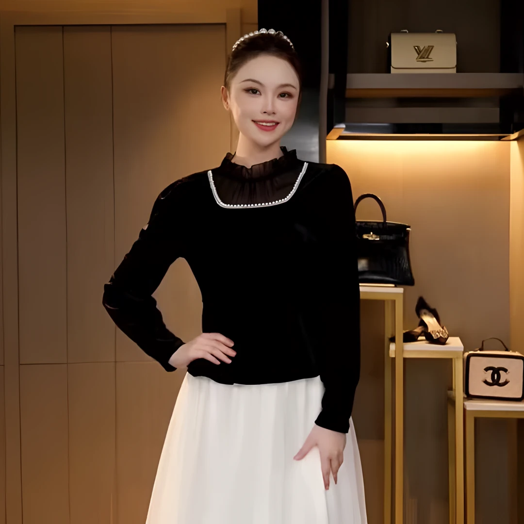 L3D1302 法式复古重工蕾丝珍珠扣设计时尚百搭显瘦气质丝绒上衣