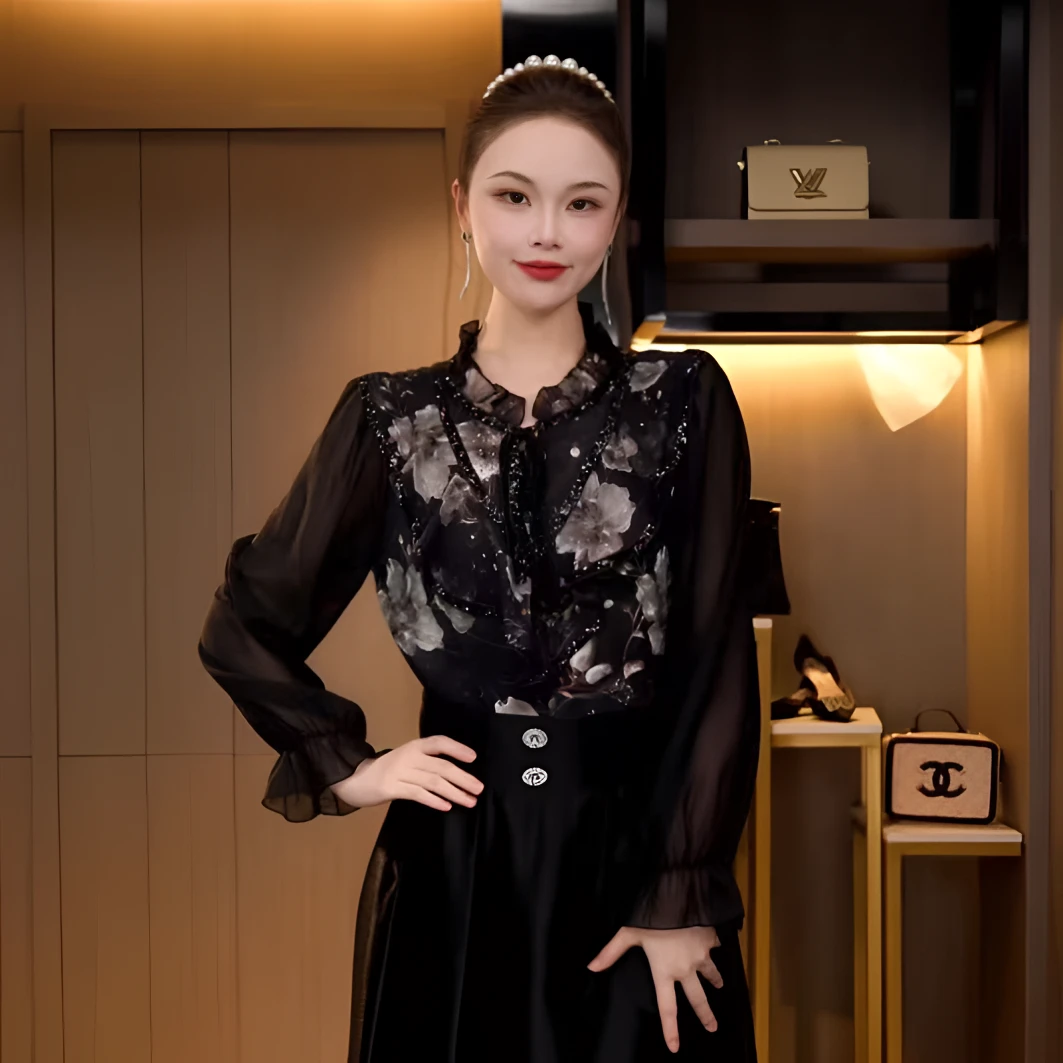L4Q2758 秋季法式宽松精致琉璃双皱丝气质暗纹刺绣百搭显瘦上衣