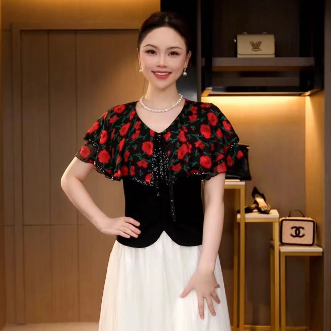 L4X1458 法式复古重工碎花暗纹刺绣披肩设计时尚修身显瘦上衣