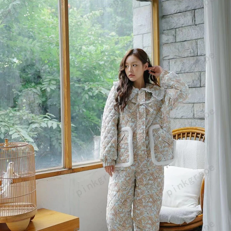 pinkgrape2024新款纯棉三层夹棉睡衣女冬季家居服套装2478507