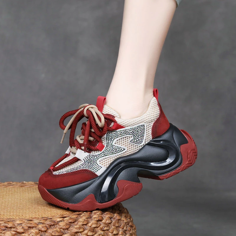 2024春夏高跟休闲小个子网面女鞋真皮水钻厚底坡跟拼色老爹鞋