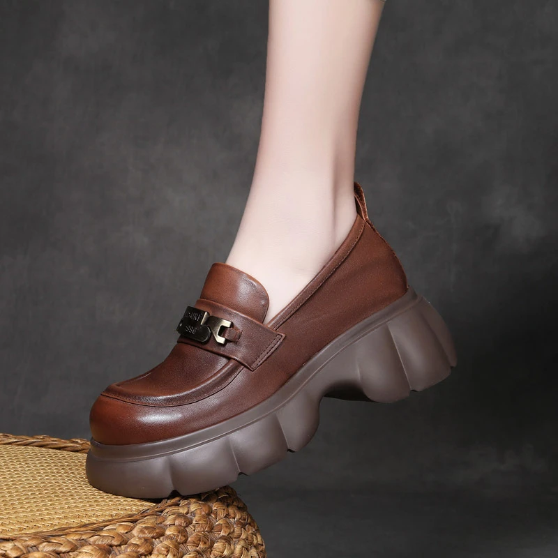 江南鞋匠设计师款2024新款头层牛皮百搭松糕底时尚厚底乐福鞋女