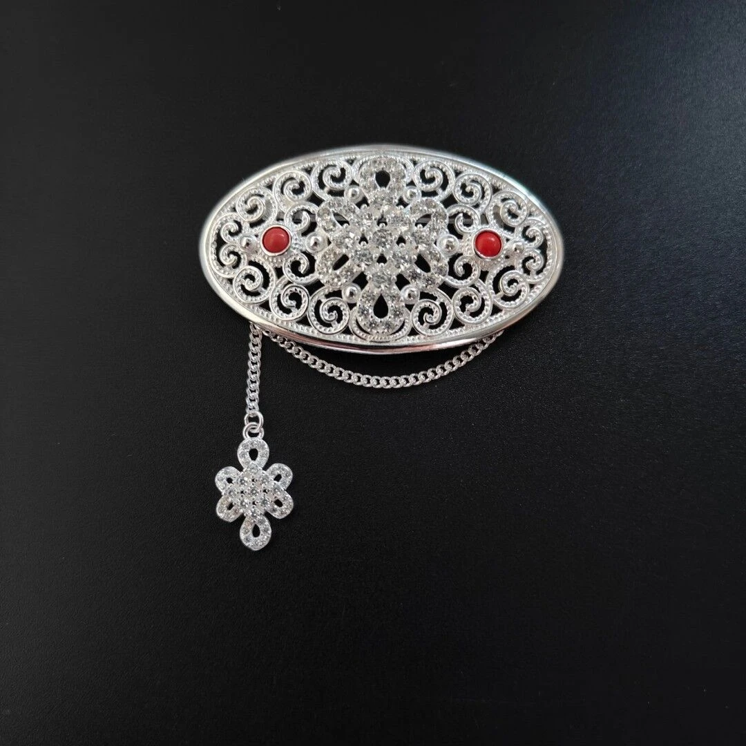 925银胸针 蒙古风纯银胸针搭配礼服民族风镶嵌素款时尚坠链银制品