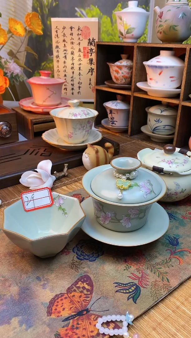 【闪购商品】豆青马蹄盖碗+2个八方杯+滴溜（绿色）1