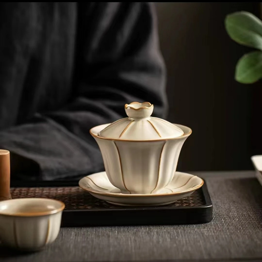 悦舒 米黄汝窑三才盖碗陶瓷单个泡茶碗家用功夫茶具开片可养复古