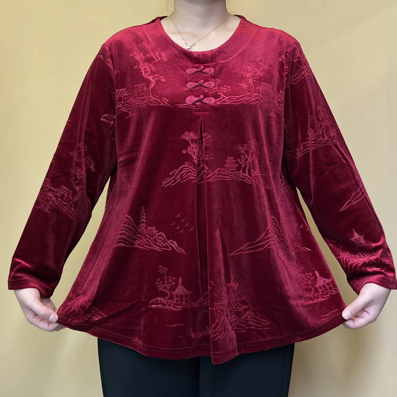 100斤-240斤特大码妈妈装圆领复古盘扣打底衫中老年女装长袖T恤衫