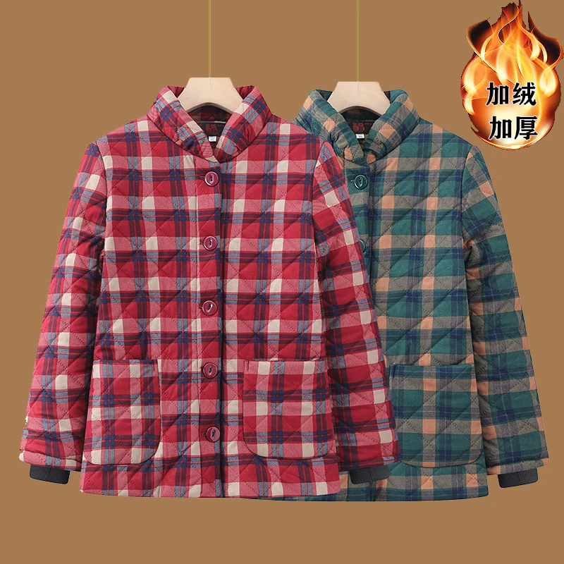 90-220斤特大码妈妈装冬季加绒保暖格子棉衣棉袄中老年女装棉服肥