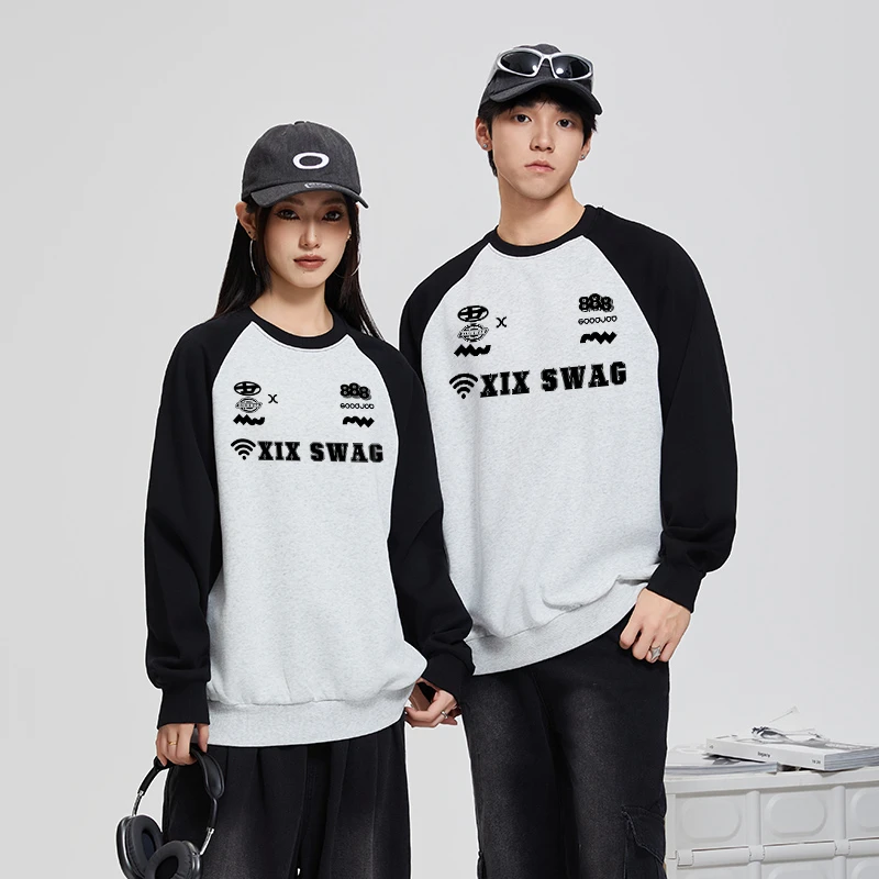 秋冬宽松慵懒风美式卫衣男女同款情侣装插肩圆领百搭潮流情侣卫衣