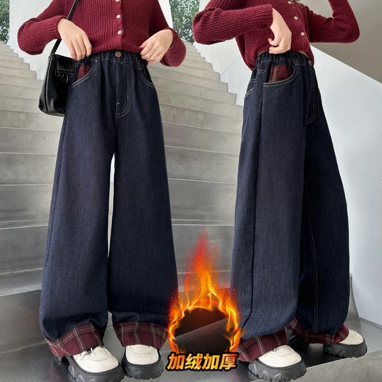 女童秋冬季加绒牛仔裤2024新款儿童百搭高腰直筒显瘦加厚蓄热裤子
