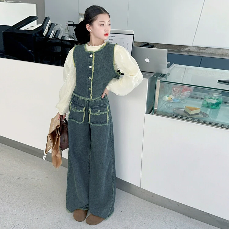 女童秋季牛仔套装2024新款儿童显瘦气质泡泡袖网红洋气马甲牛仔裤