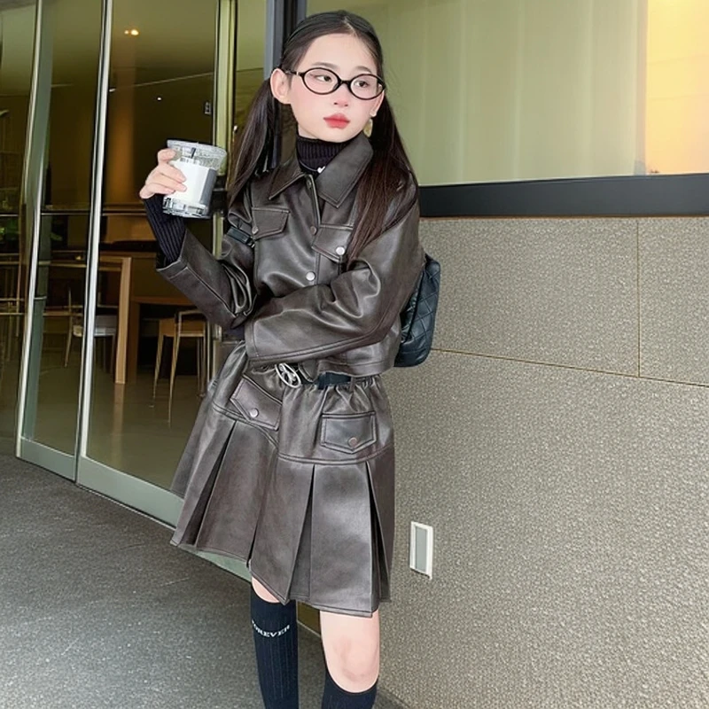 女童皮衣套裙2025新款儿童装洋气短款外套百褶裙女孩时髦春季套装