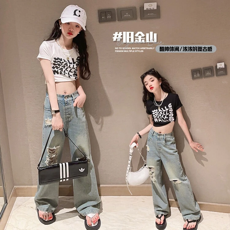 女童2024夏季新款儿童洋气短款T恤复古牛仔破洞裤薄款时髦套装潮.