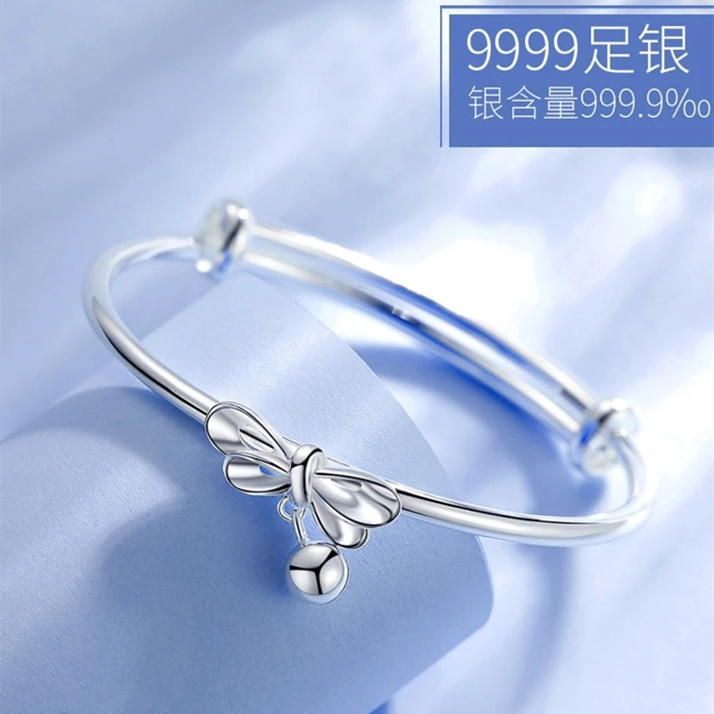 足银手镯 A1009【蝴蝶结圆珠推拉手镯】约24克足银9999ins清新时尚