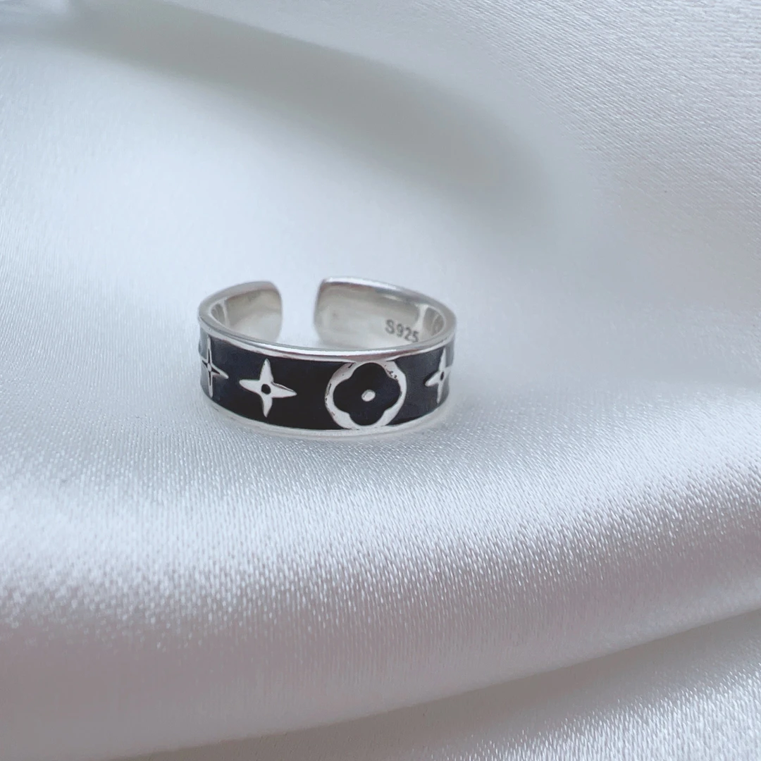 925银戒指 A8077【黑色四叶草开口戒指】纯银925百搭复古个性小众